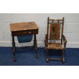 A LATE 19TH CENTURY WALNUT WORK TABLE, with a single frieze drawer, and sewing drawer with contents,