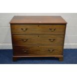 A GEORGIAN MAHOGANY CHEST OF THREE GRADUATED DRAWERS, with brass swan neck handles, on bracket feet,