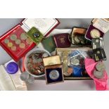 A BOX OF COINS AND COMMEMORATIVES, to include a Garrard and Co Silver Wimbledon Tennis