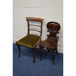 A VICTORIAN MAHOGANY HALL CHAIR with a scrolled back and fluted front legs, together with a Georgian