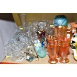 A GROUP OF GLASSWARE including a Carnival glass lemonade set, cut glass vases and wine glasses,
