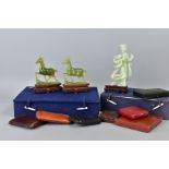 THREE CARVED GREEN HARDSTONE FIGURES AND BOXES, to include a carved oriental figure of a lady,
