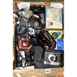 A TRAY CONTAINING VINTAGE AND MODERN FILM AND DIGITAL CAMERAS including Taron Marquis, a Voigtlander