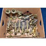 A BOX OF BRASS ITEMS to include six desk canons, largest approximately 20cm, sculpture of a merry