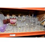 A QUANTITY OF CUT GLASS ETC, to include vases, drinking glasses including whisky, port, sherry,