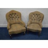 A PAIR OF LATE VICTORIAN LADIES AND GENTS ARMCHAIRS, on turned front legs and ceramic casters