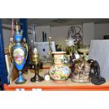 THREE ORNATE TABLE LAMPS, BRASS BASED OIL LAMP etc, including a turquoise twin handled lamp