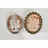 TWO CAMEO BROOCHES, the first a white metal brooch with oval cameo depicting the three graces within