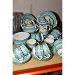 A VICTORIAN PORCELAIN TEA SERVICE IN TURQUOISE AND WHITE, decorated with a band of anthemian design,