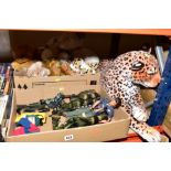 TWO BOXES AND LOOSE SOFT TOYS, etc to include a leopard, approximate length 70cm, Cuddle Ups Bear,