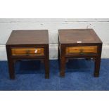 A PAIR OF 19TH CENTURY ORIENTAL HARDWOOD LAMP TABLES with a single drawer, 33cm square x height