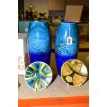 A PAIR OF ALAN CLARKE POTTERY BALUSTER VASE, shaded blue ground with incised foliate decoration,