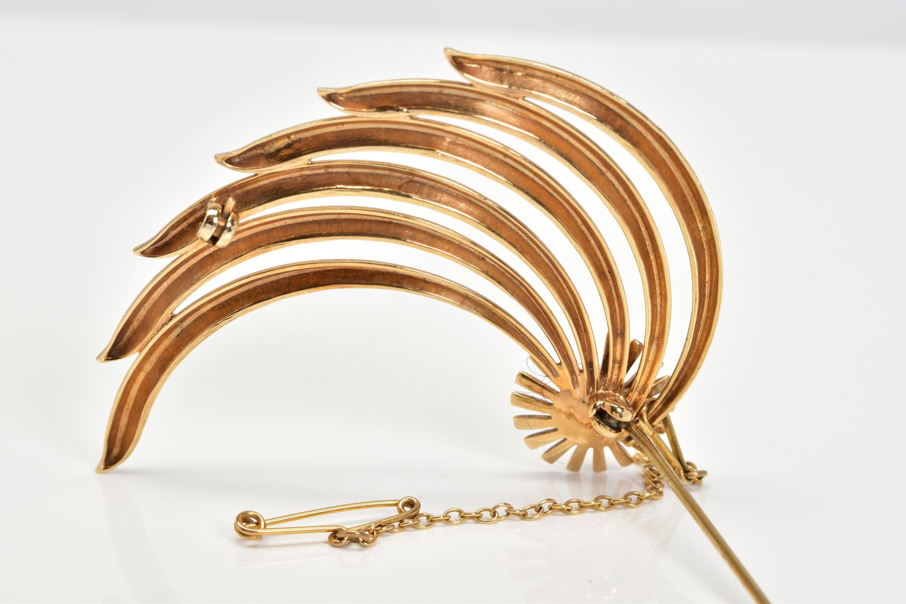 A 9CT GOLD PEARL BROOCH, designed with six curved openwork panels set with a single cultured pearl - Image 2 of 2