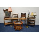 A QUANTITY OF VARIOUS OCCASIONAL FURNITURE, to include a modern oak magazine rack, two pub tables,