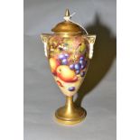 A ROYAL WORCESTER TWIN HANDLED PEDESTAL VASE AND COVER, hand painted with a fruit study, signed