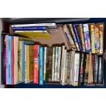 A BOX OF BOOKS, including Terry Pratchett, paperbacks, Sue Townsend, Thelwells, Giles, childrens