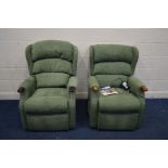 A CELEBRITY GREEN UPHOLSTERED ELECTRIC RISE AND RECLINE ARMCHAIR (PAT pass and working) together