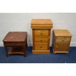 A MODERN PINE CHEST OF THREE DRAWERS, together with a pine single drawer bedside cabinet and a