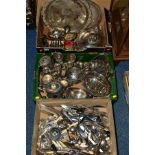 THREE BOXES OF SILVER PLATE, including loose cutlery and flatware, trays candlesticks and