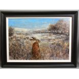 GARY BENFIELD (BRITISH 1965) 'BIG BLUE SKY II', a lone Hare in a Wintery landscape, signed bottom