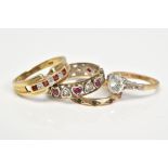 FOUR GEM SET RINGS, the first a yellow metal ring designed with a row of circular cut garnets