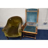 A VICTORIAN ARM CHAIR with four Rosewood legs on brass cup casters stamped Cope Collinson and an