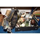 THREE BOXES OF CERAMICS AND GLASS, etc to include a carved coconut shell, Wade cottages,