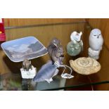 FIVE ROYAL COPENHAGEN ANIMAL, BIRD AND FISH FIGURINES, together with a small square dish with a town