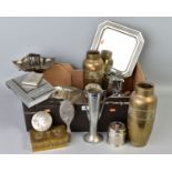 A BOX OF METALWARES INCLUDING WMF ITEMS, a pair of brass WMF vases, Art Deco style items, silver