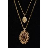 TWO 9CT GOLD PENDANT NECKLACES, to include a lozenge shape openwork pendant set with oval/circular