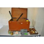 A VINTAGE PAINTED PINE TOOLBOX and contents including auger bits, tree loppers, hole punch etc and