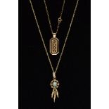 TWO 9CT GOLD PENDANT NECKLACES, to include a dream catcher pendant set with a turquoise, with a