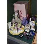 A GROUP OF CERAMICS AND GLASSWARE, including a boxed NAO figure of a lady, sd to fingers, three
