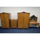 A REPRODUCTION BURR WALNUT FOUR PIECE BEDROOM SUITE, with foliate decoration, on cabriole legs,