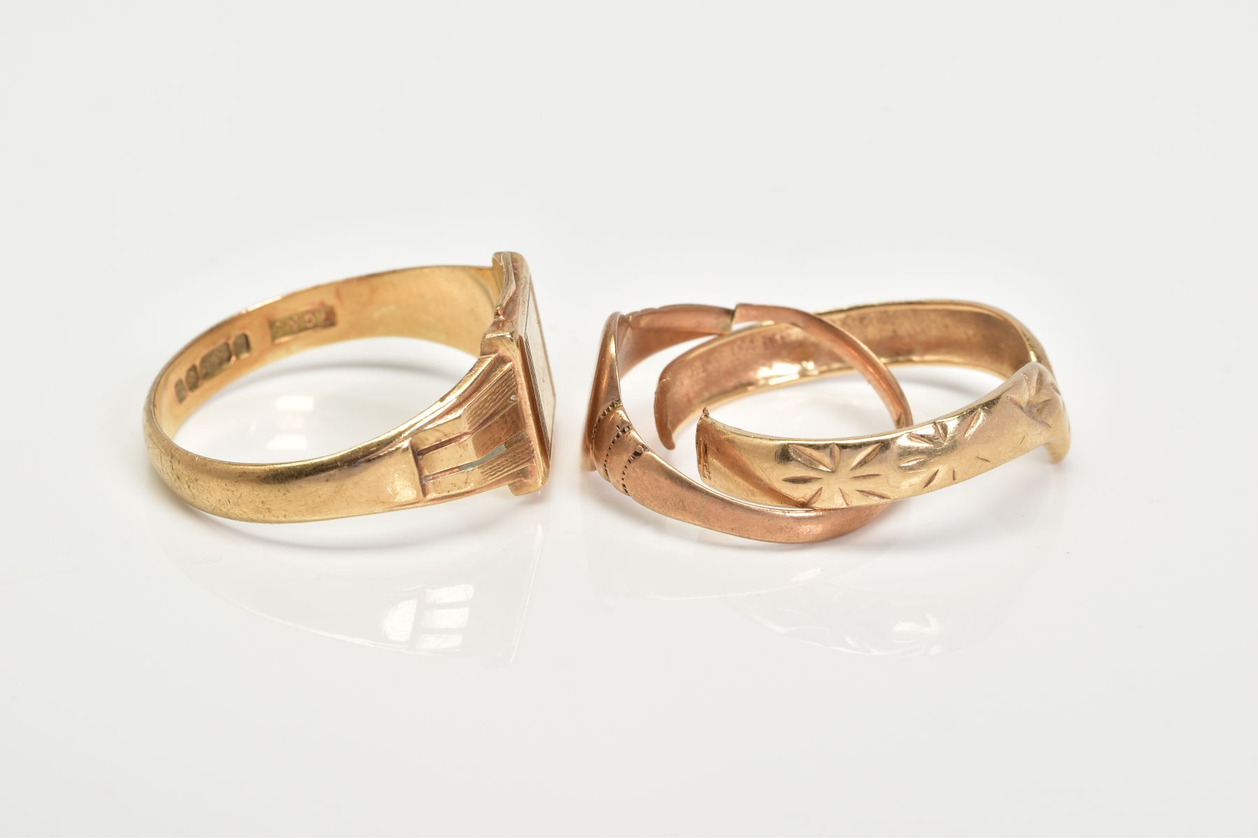 THREE 9CT GOLD RINGS, to include a square panel signet ring, with a 9ct hallmark for Birmingham, - Image 2 of 3