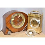 A BENTIMA GILT QUARTZ MANTEL CLOCK, a Royal Brierley glass desk clock sd and an Art Deco walnut