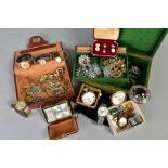 A SELECTION OF ITEMS, to include two wooden jewellery boxes with contents of costume jewellery