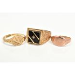 THREE SIGNET RINGS, the first designed with a square onyx panel set with a single cut diamond, to