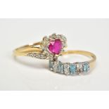 TWO 9CT GOLD GEM SET RINGS, the first of a cluster design set with a central heart cut ruby,