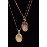 TWO 9CT GOLD LOCKETS AND CHAINS, to include a 9ct rose gold floral engraved oval locket, with a