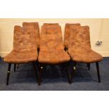 A SET OF SIX BROWN SUEDE DINING CHAIRS (worn finish to some legs)
