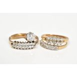 FOUR 9CT GOLD CUBIC ZIRCONIA SET RINGS, the first set with an asymmetrical double row of circular