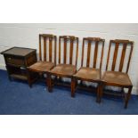 A SET OF FOUR EARLY 20TH CENTURY OAK DINING CHAIRS together with an oak sewing box with sewing