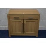 A MODERN OAK FINISH SIDEBOARD, with two drawers, with 90cm x depth 41cm x height 77cm