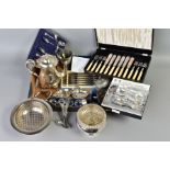 A BOX OF SILVER PLATE AND OTHER METALWARES, including a set of five worn silver napkin rings, 1.