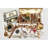 A JEWELLERY BOX AND COSTUME JEWELLERY, to include a small brown hinged jewellery box with costume