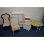 A MODERN SPOONBACK CHAIR, together with a white painted tallboy, bedside cabinet, set of four onyx