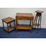 A MID 20TH CENTURY OAK SIDE TABLE with two drawers and an undershelf, together with an oak plant