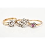 THREE 9CT GOLD GEM SET RINGS, the first designed as cluster set with a central circular cut ruby
