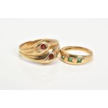 TWO 9CT GOLD GEM SET RINGS, the first of crossover design set with two circular cut garnets within